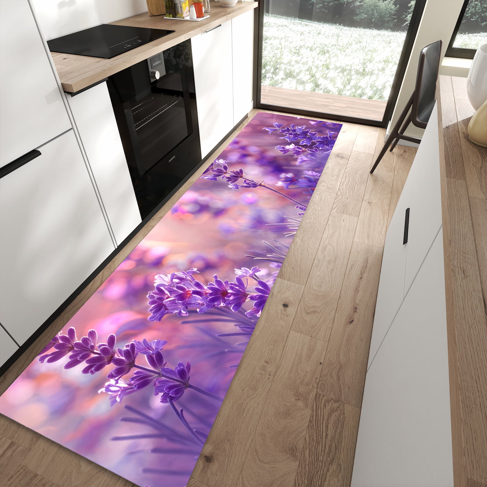 Hygienischer Läufer für die Küche mit Motiv Lavendeltraum in moderner Küche