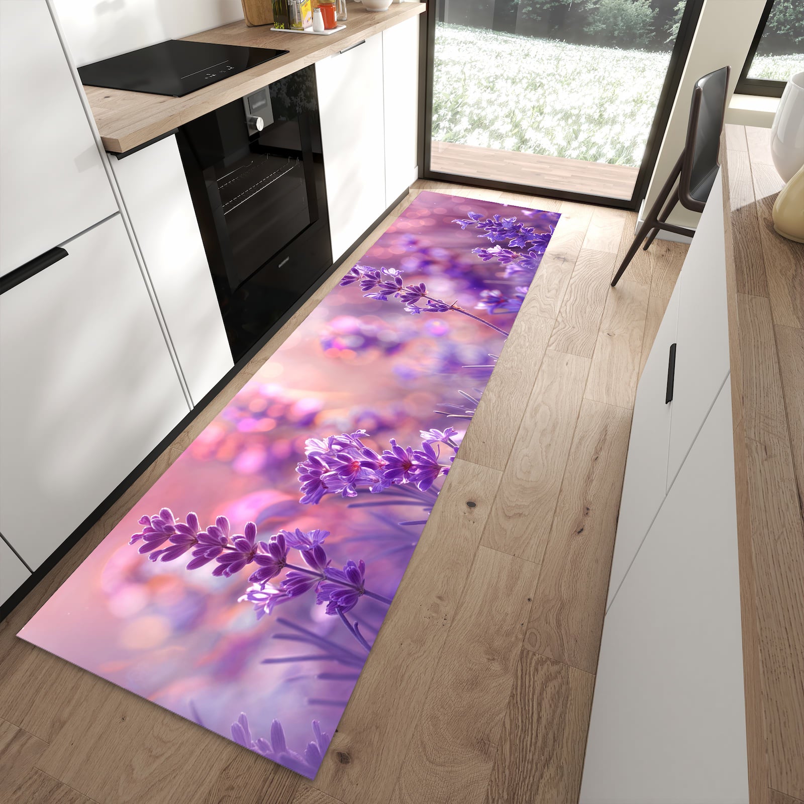 Küchenläufer mit Motiv Lavendeltraum für angenehme Haptik in moderner Küche