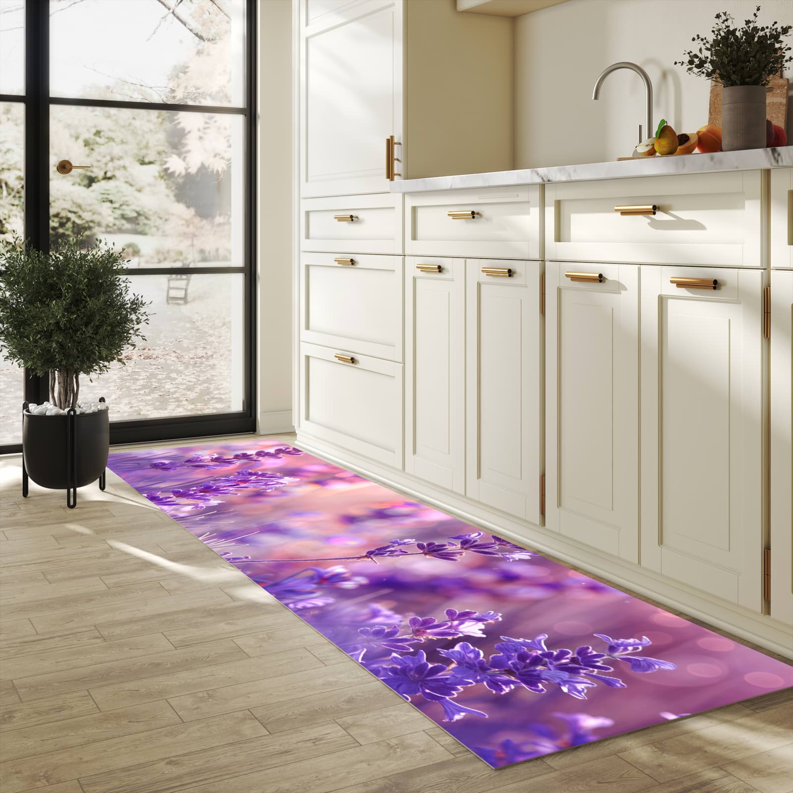 Langlebiger Teppichläufer mit Motiv Lavendeltraum in heller Küche