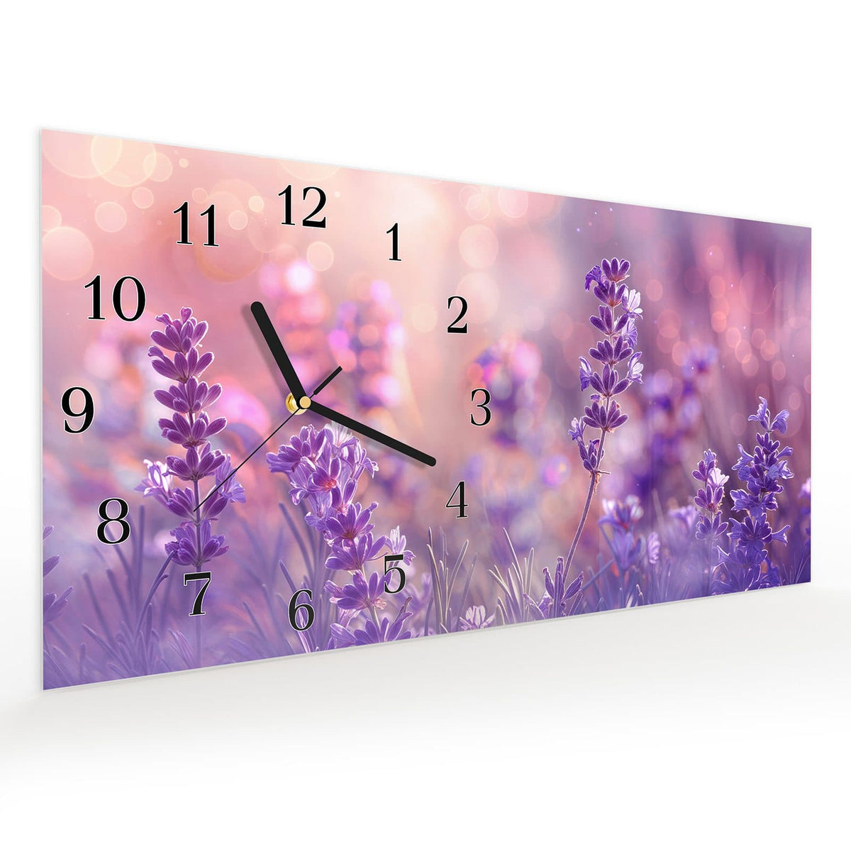 Vormontiert – mit Schwebeeffekt – Wanduhr Lavendeltraum aus Glas – Querformat 60 × 30 cm