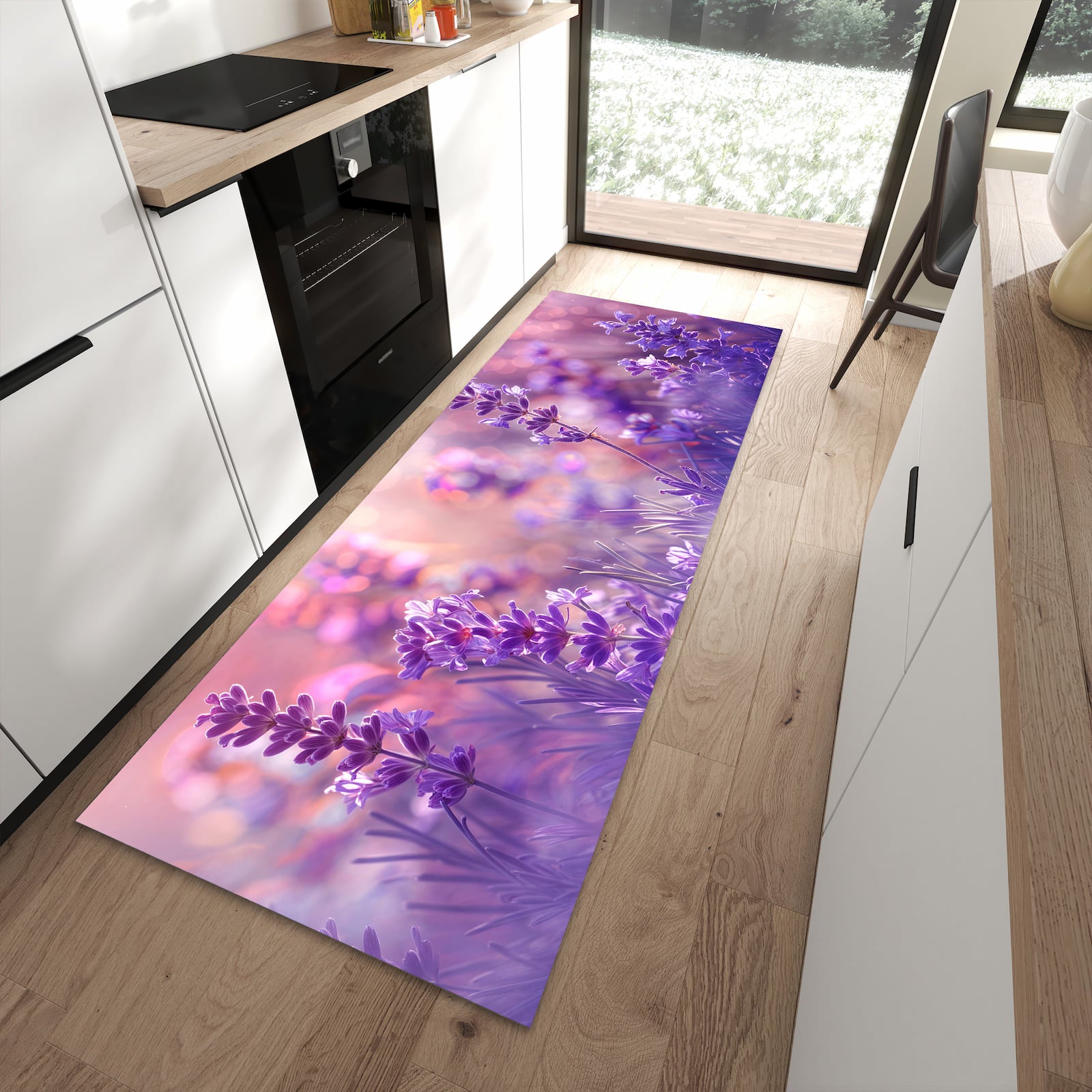 Waschbarer Küchenteppich mit Motiv Lavendeltraum in moderner Küche
