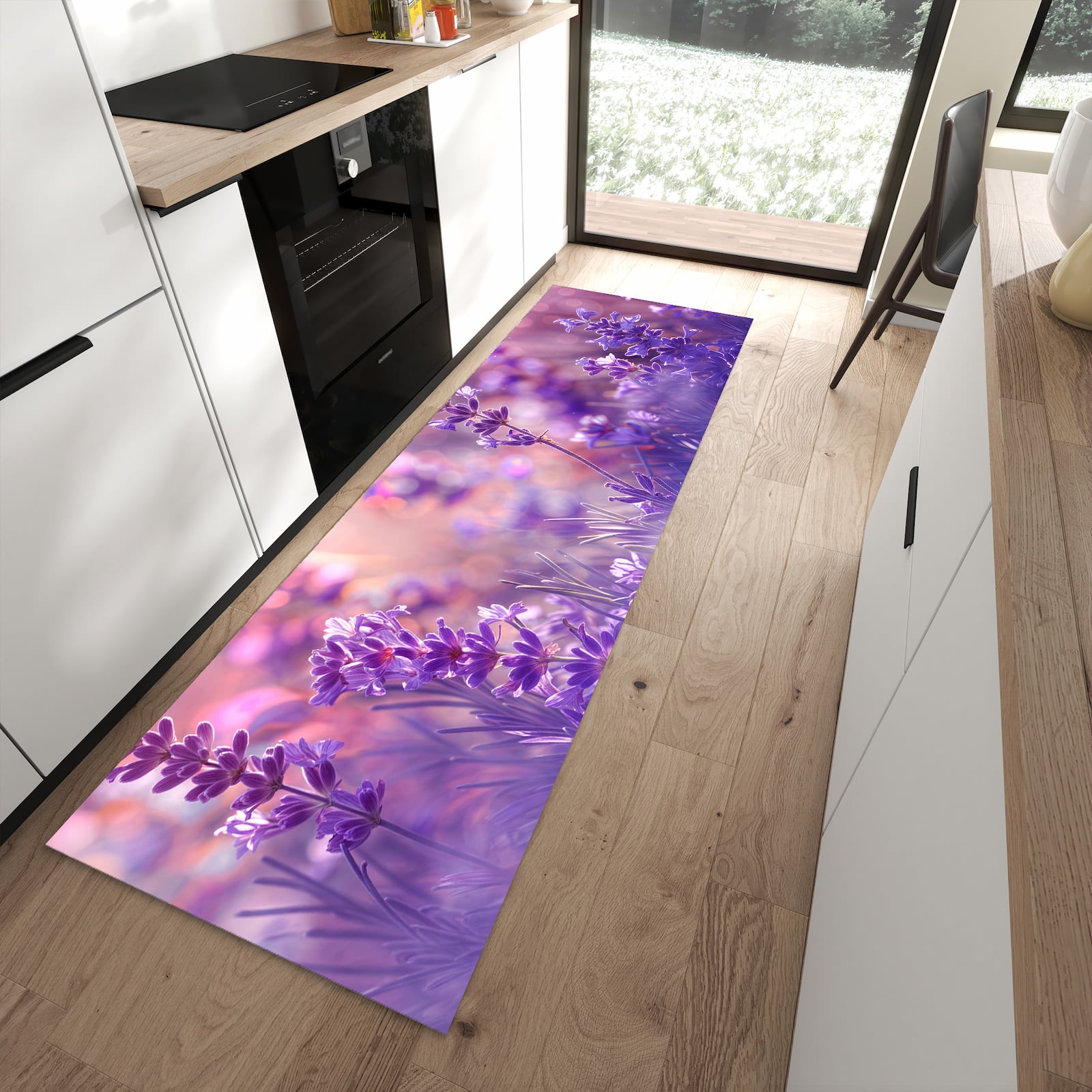 Pflegeleichter Küchenteppich mit Motiv Lavendeltraum in moderner Küche