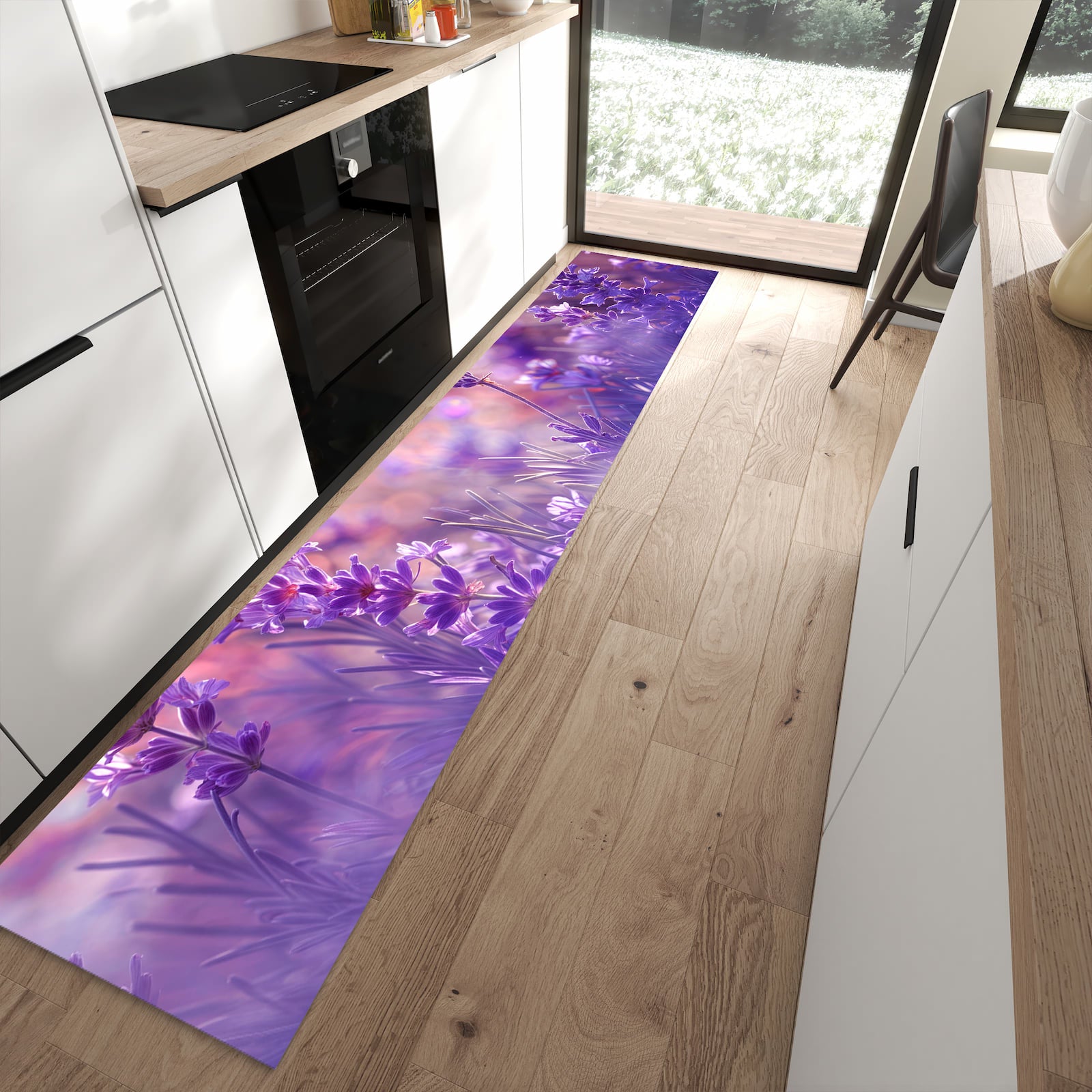 Pflegeleichter Teppich für die Küche mit Motiv Lavendeltraum in moderner Küche