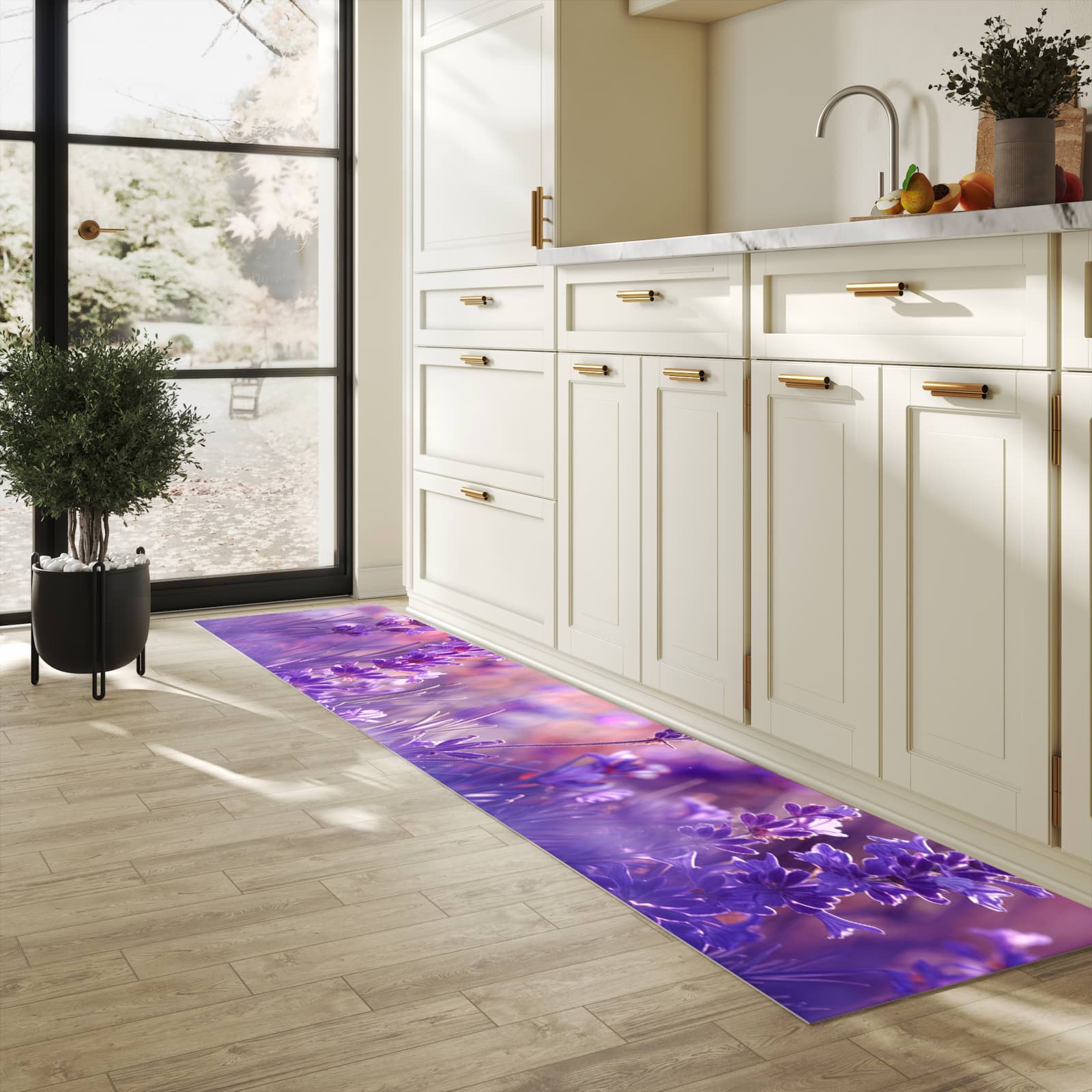 Küchenteppich mit Motiv Lavendeltraum für Trittkomfort in heller Küche