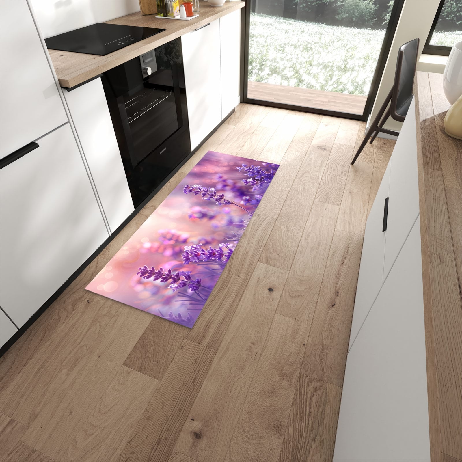 Schmutzabweisender Küchenläufer mit Motiv Lavendeltraum in moderner Küche #grösse_60 x 150 cm
