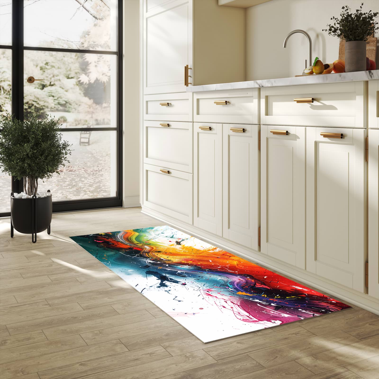 Komfortabler abwaschbarer Küchenteppich mit Motiv Farbenexplosion in heller Küche