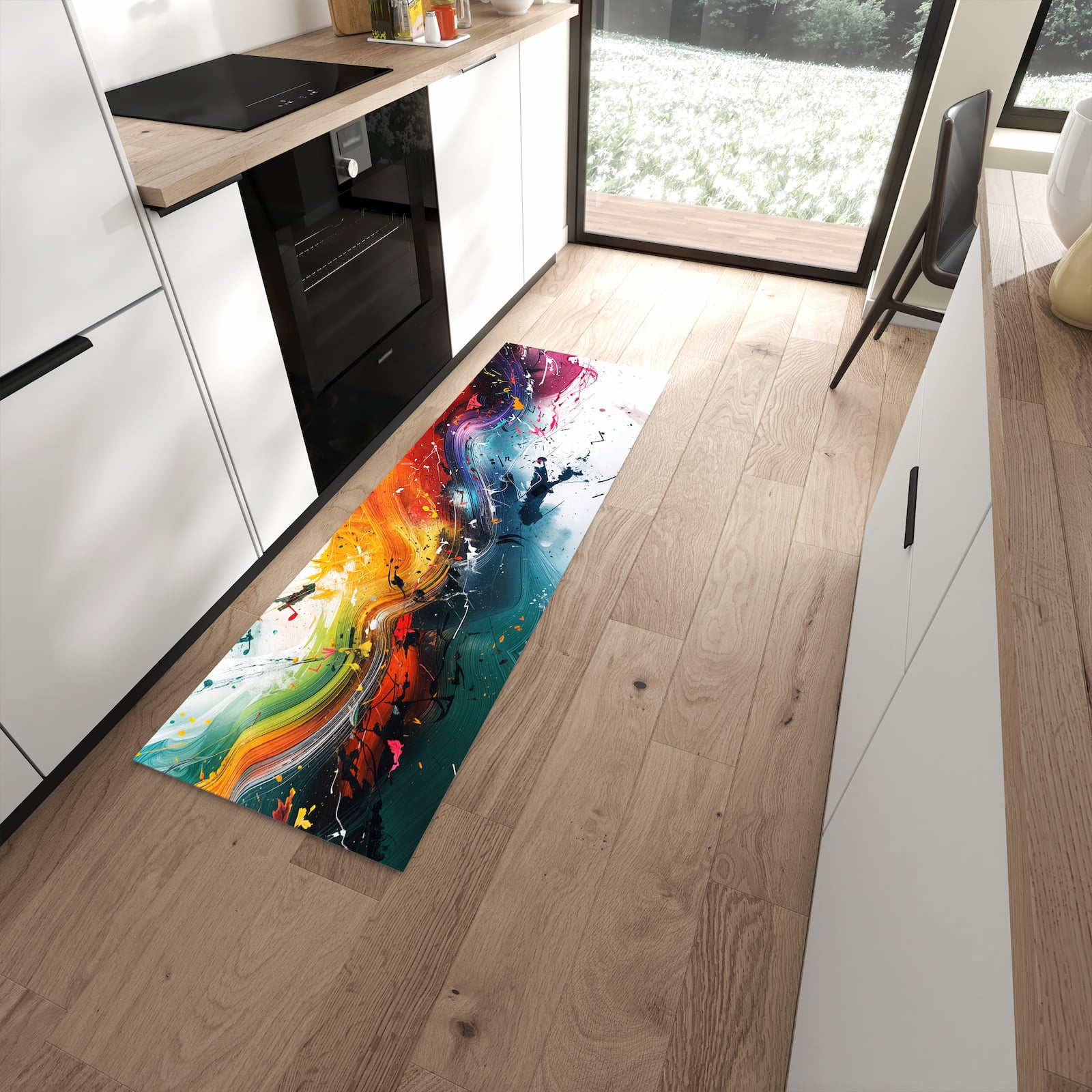 Waschbarer Küchenläufer mit Motiv Farbenexplosion für Ordnung in moderner Küche