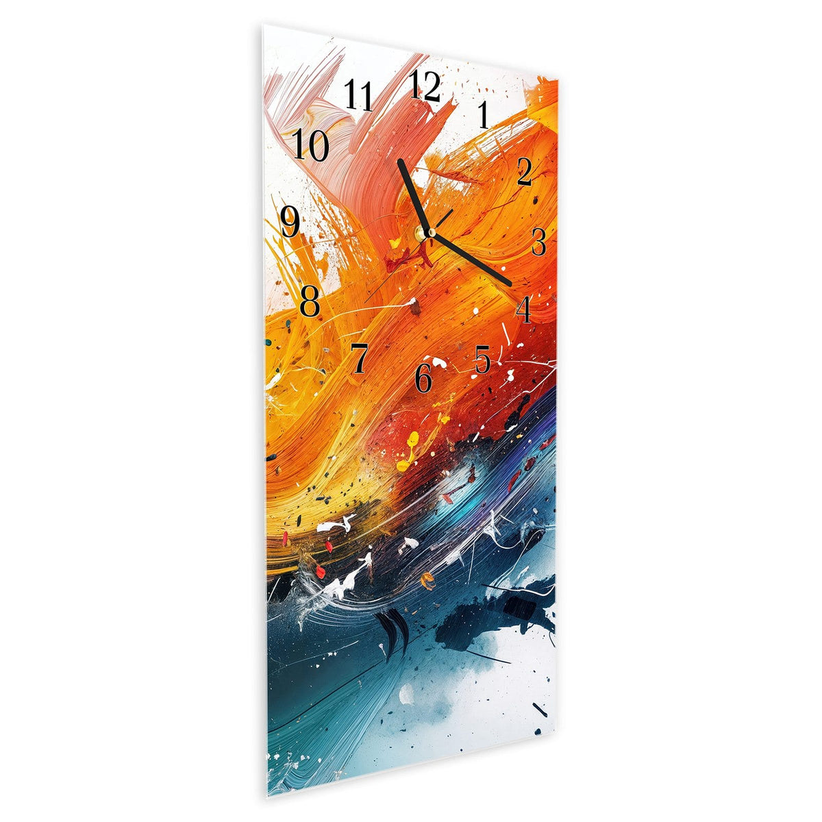 Vormontiert – mit Schwebeeffekt – Wanduhr Farbenexplosion aus Glas – Hochformat 30 × 60 cm