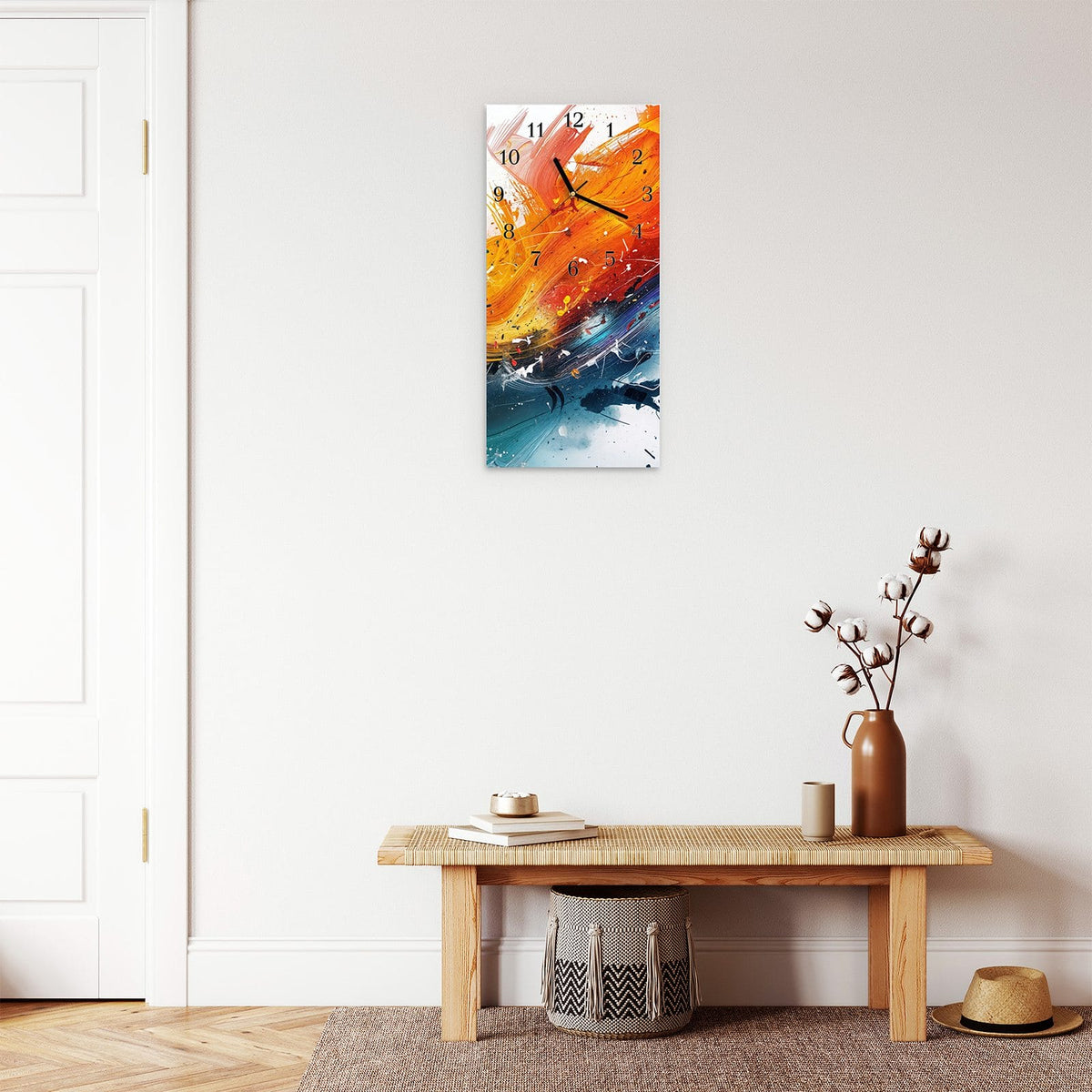Moderne Wanduhr aus Glas mit Farbtiefe – Wanduhr Farbenexplosion aus Glas – Hochformat 30 × 60 cm