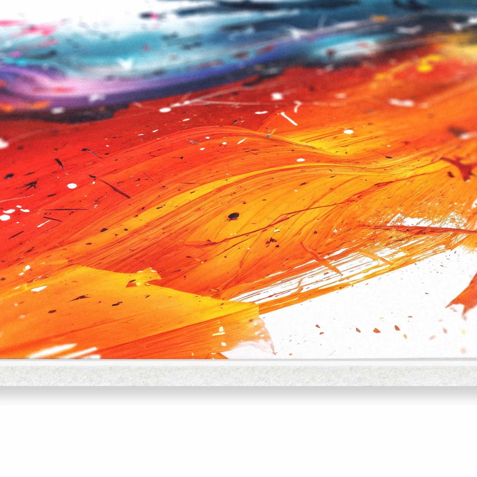 Flacher Bodenläufer Teppich mit Motiv Farbenexplosion in seitlicher Ansicht