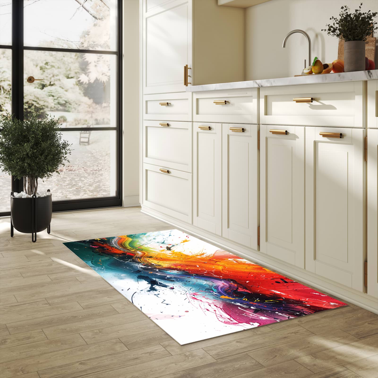Hygienischer Küchenteppich mit Motiv Farbenexplosion in heller Küche