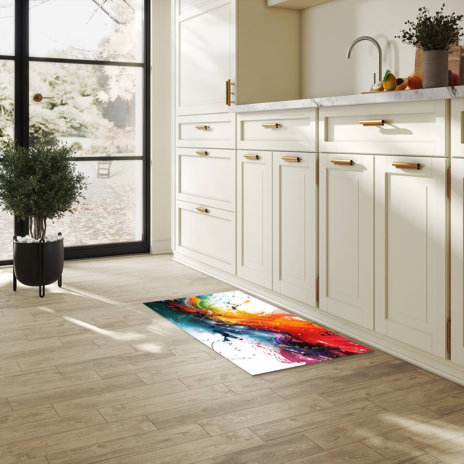 Wasserabweisender waschbarer Küchenläufer mit Motiv Farbenexplosion in heller Küche