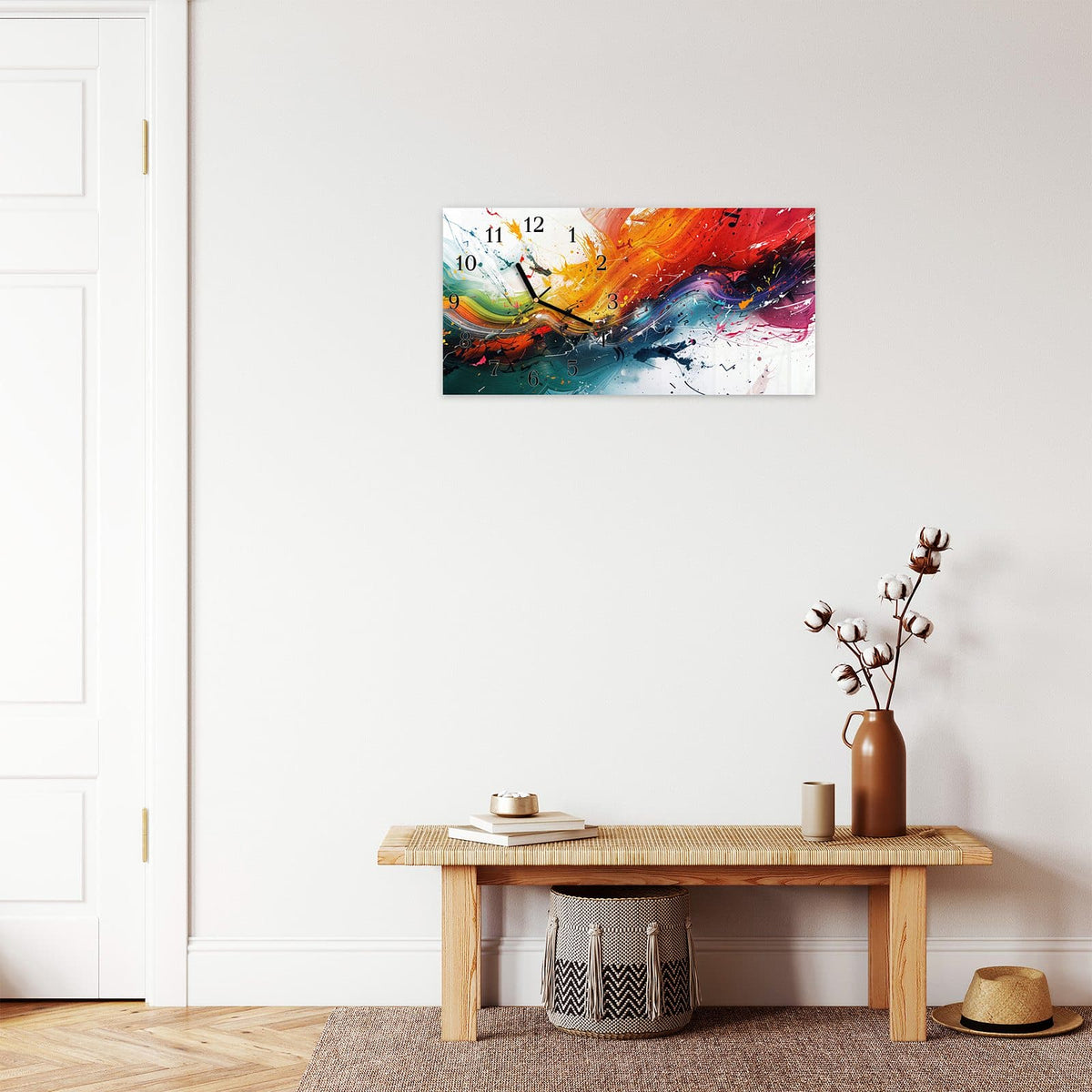 Moderne Wanduhr aus Glas mit Farbtiefe – Wanduhr Farbenexplosion aus Glas – Querformat 60 × 30 cm