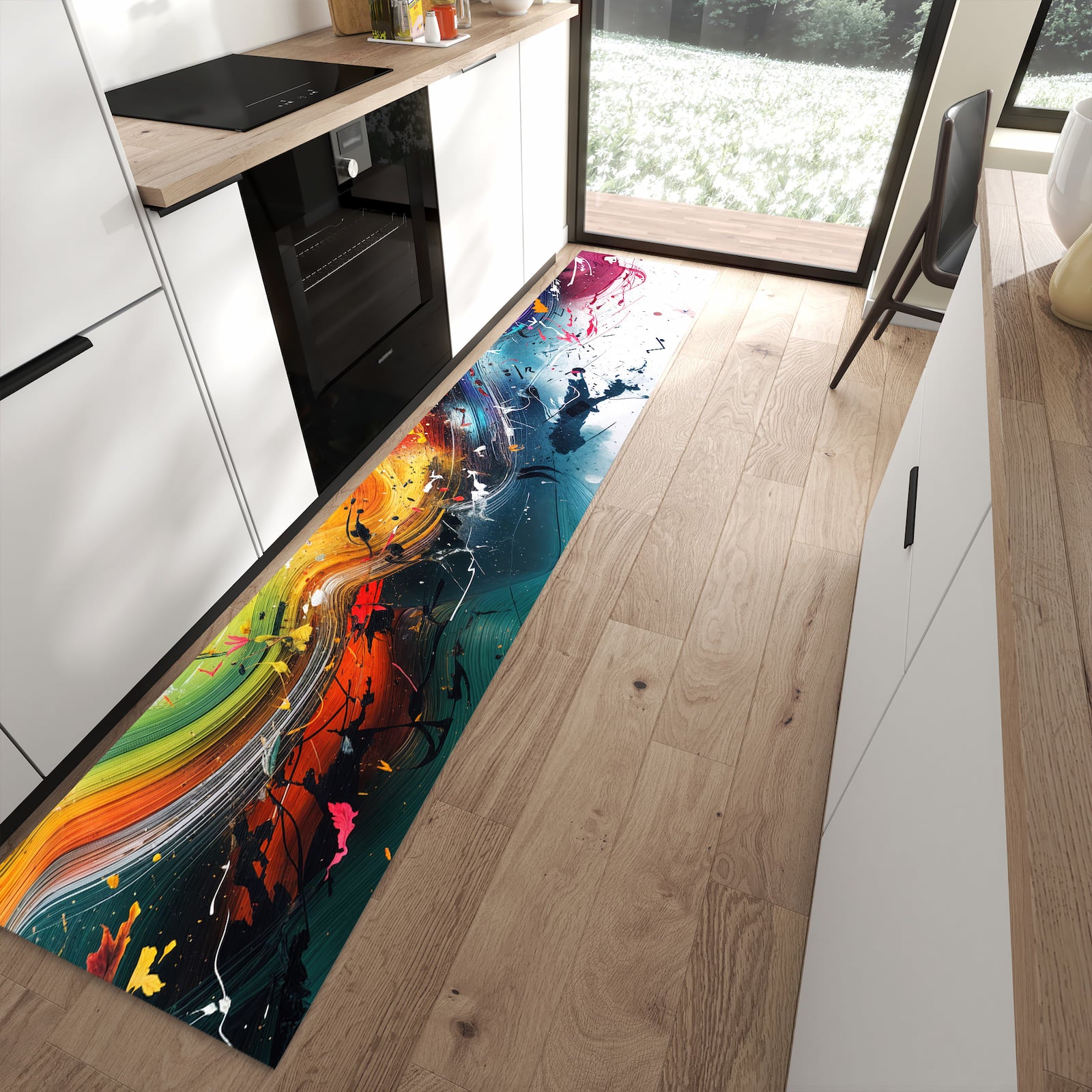Formstabiler rutschfester Küchenläufer mit Motiv Farbenexplosion in moderner Küche