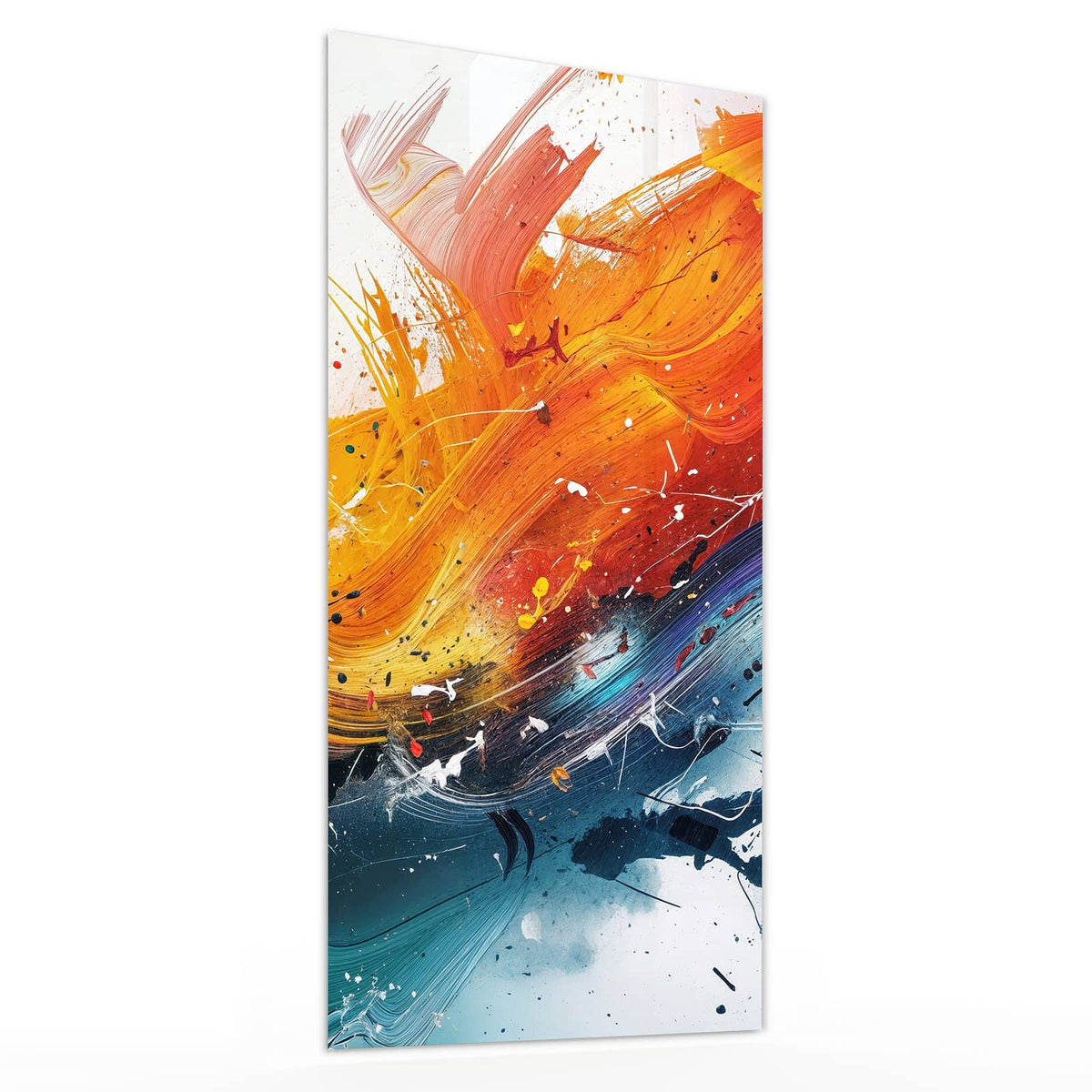 Wandbild aus Glas Farbenexplosion schräg von der Seite, 4 mm starkes Echtglas #grösse_30 x 60 cm #grösse_40 x 80 cm #grösse_50 x 100 cm #grösse_55 x 110 cm #grösse_60 x 120 cm