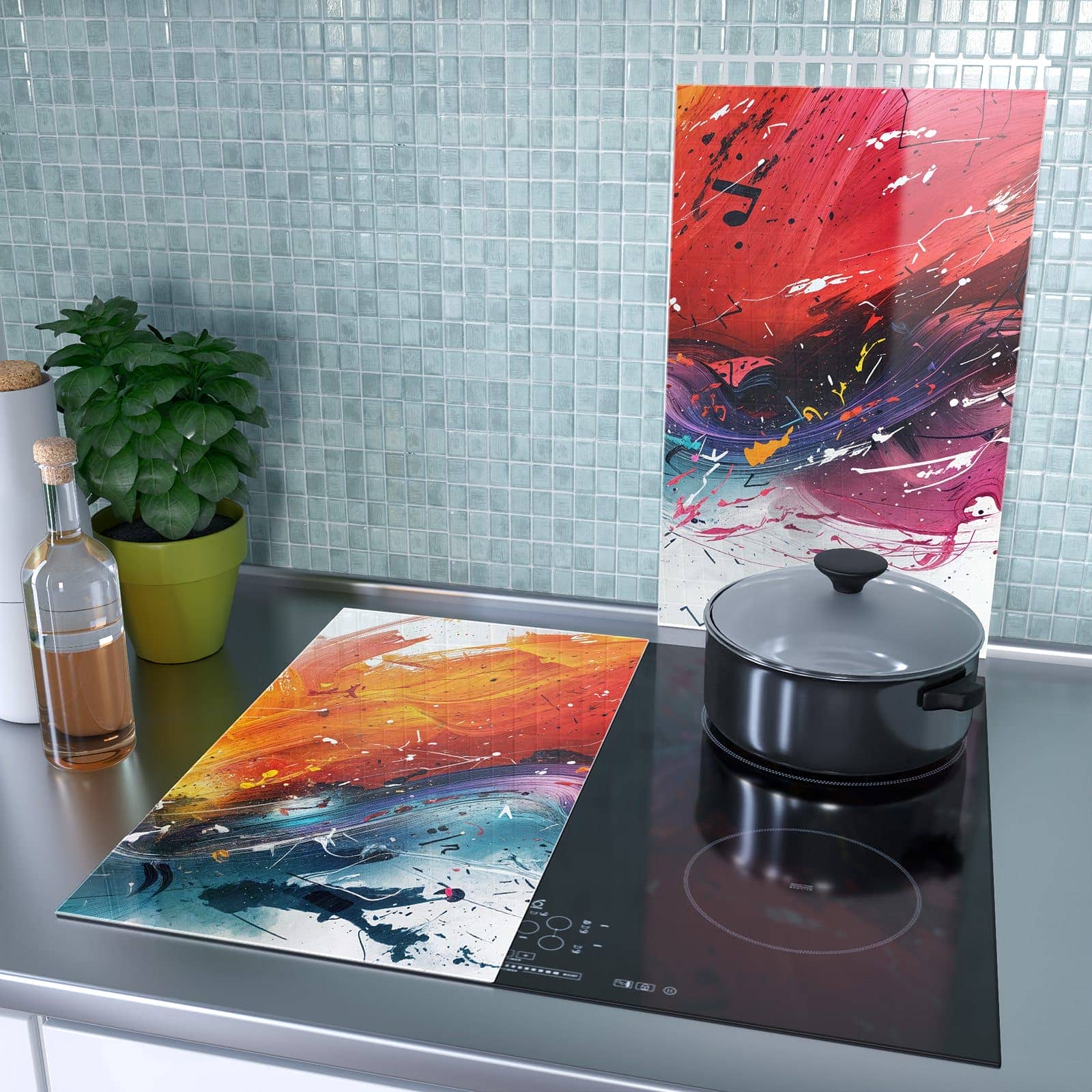 2-teilige Herdabdeckplatten mit Farbenexplosion-Motiv als Spritzschutz hinter dem Kochfeld