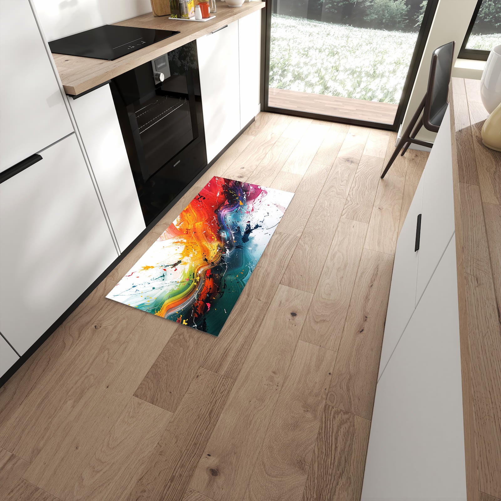 Feuchtigkeitsresistenter Küchenläufer mit Motiv Farbenexplosion in moderner Küche #grösse_60 x 120 cm