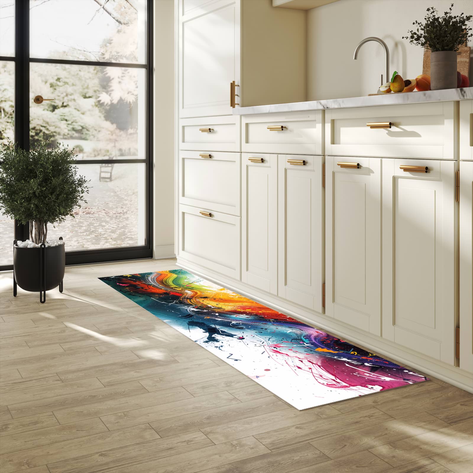 Geruchsneutraler Küchenläufer nach Maß mit Motiv Farbenexplosion in heller Küche
