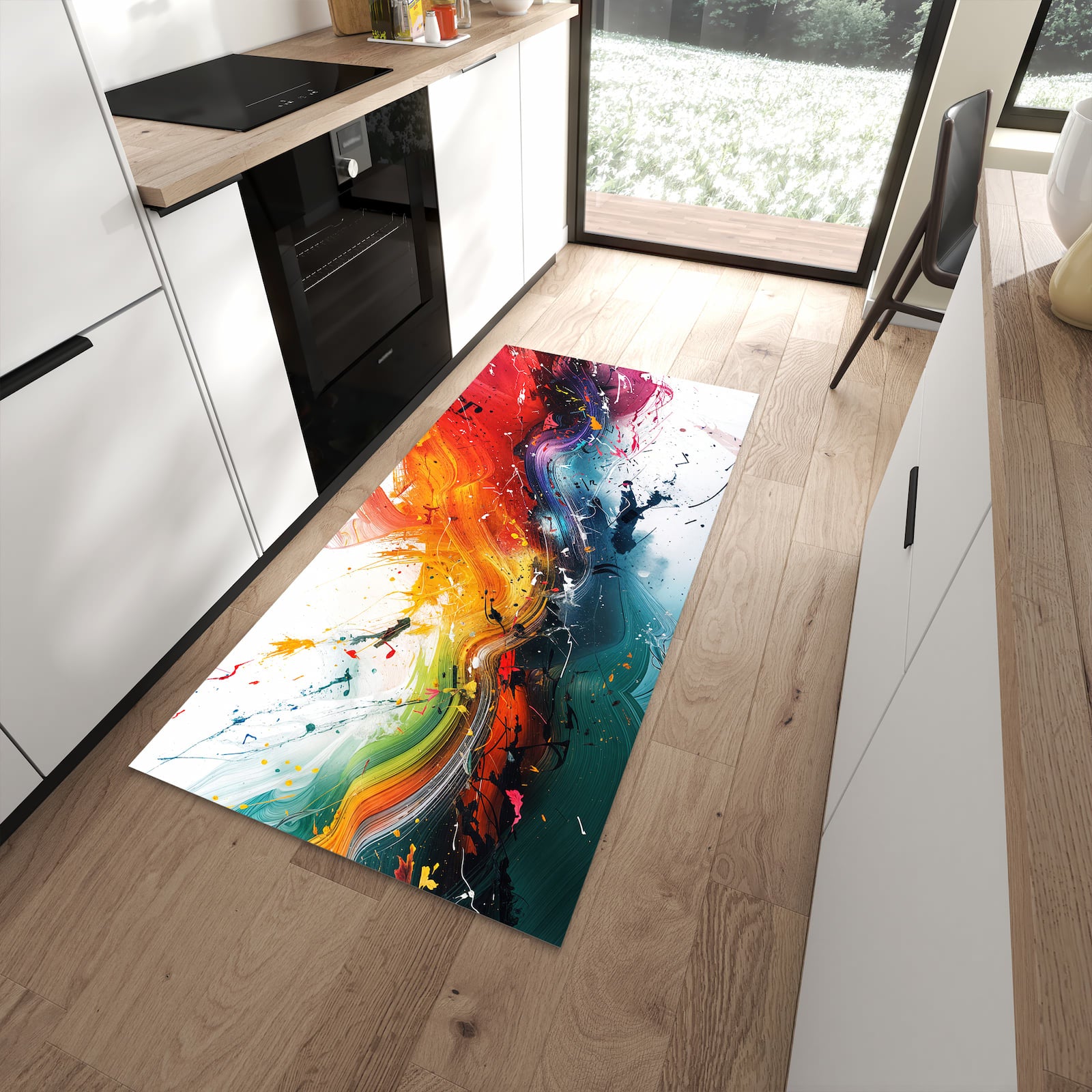 Komfortabler Küchenläufer mit Motiv Farbenexplosion in moderner Küche