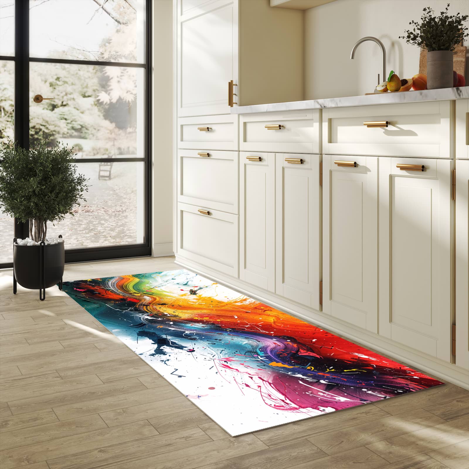 Strapazierfähiger Küchenteppich mit Motiv Farbenexplosion in heller Küche