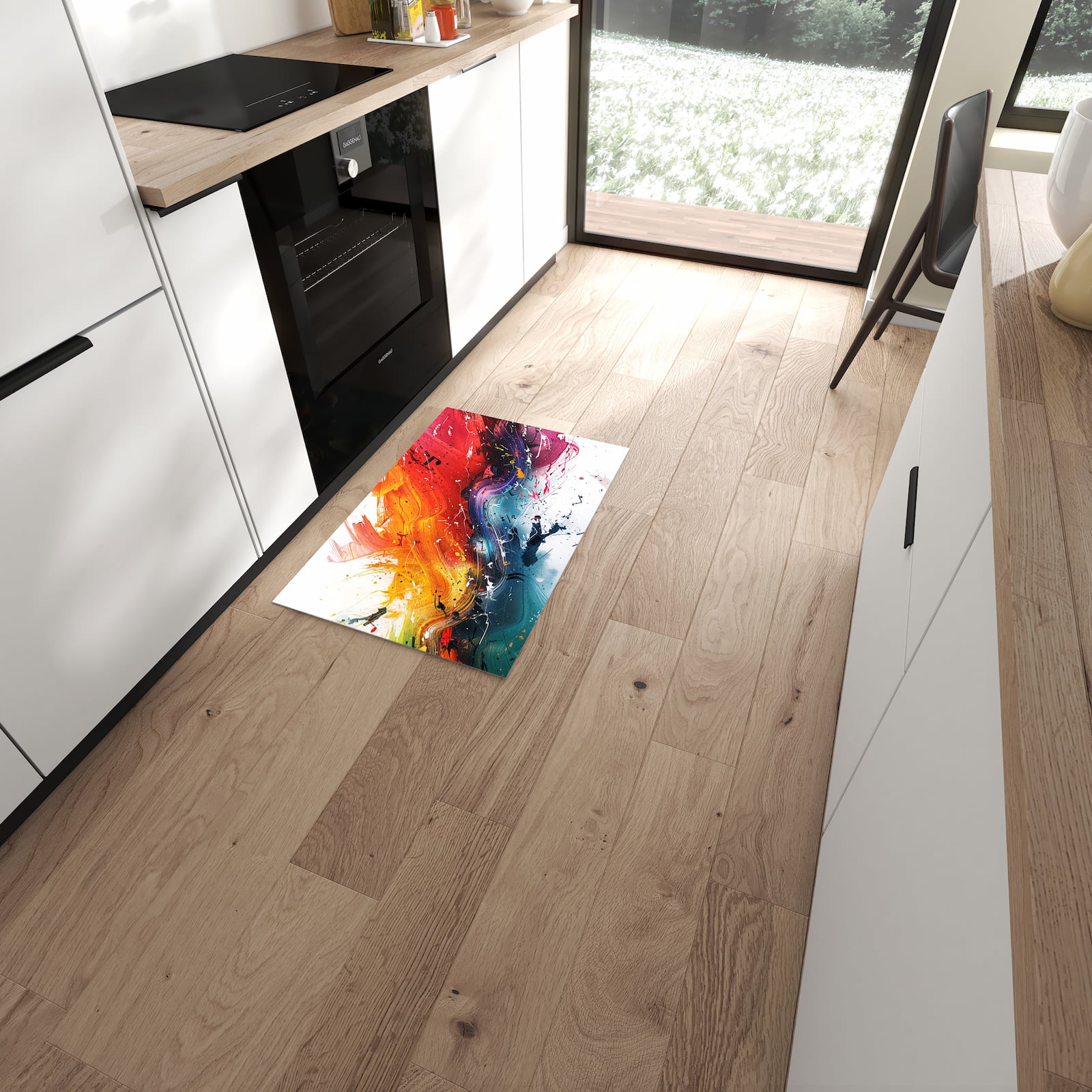 Waschbarer Küchenläufer mit Motiv Farbenexplosion in moderner Küche für sicheres Aufbewahren