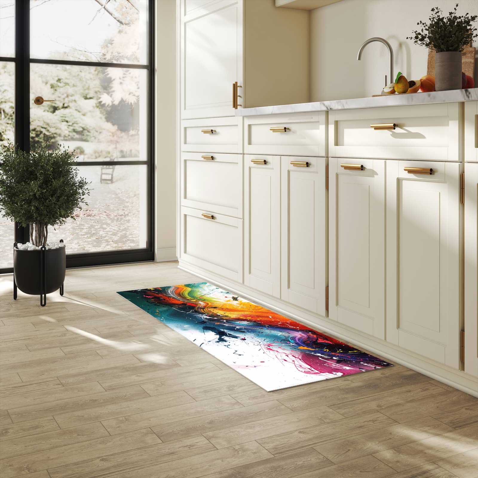 Schmutzabweisender moderner Küchenläufer mit Motiv Farbenexplosion in heller Küche