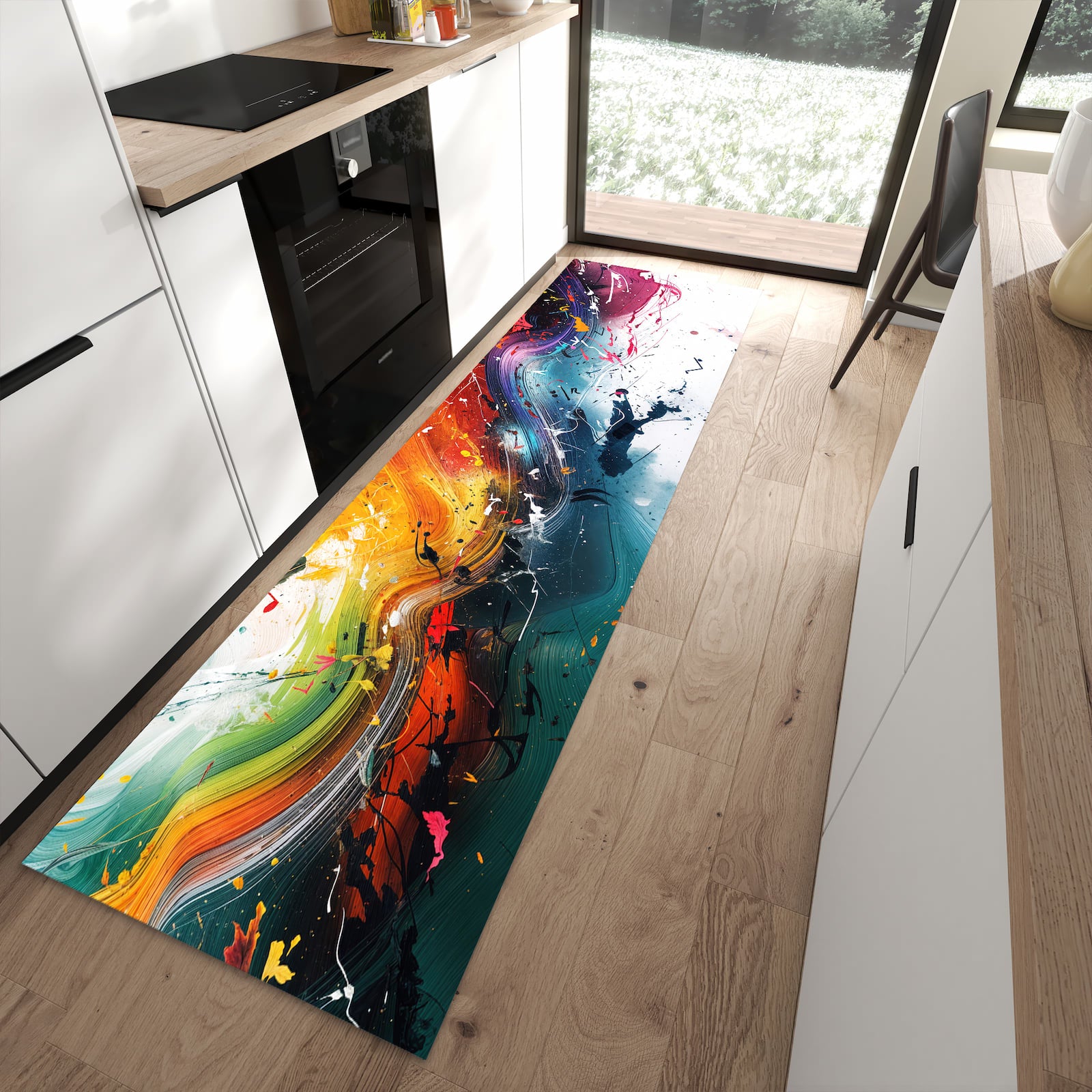 Abriebfester Küchenläufer nach Maß mit Motiv Farbenexplosion in moderner Küche