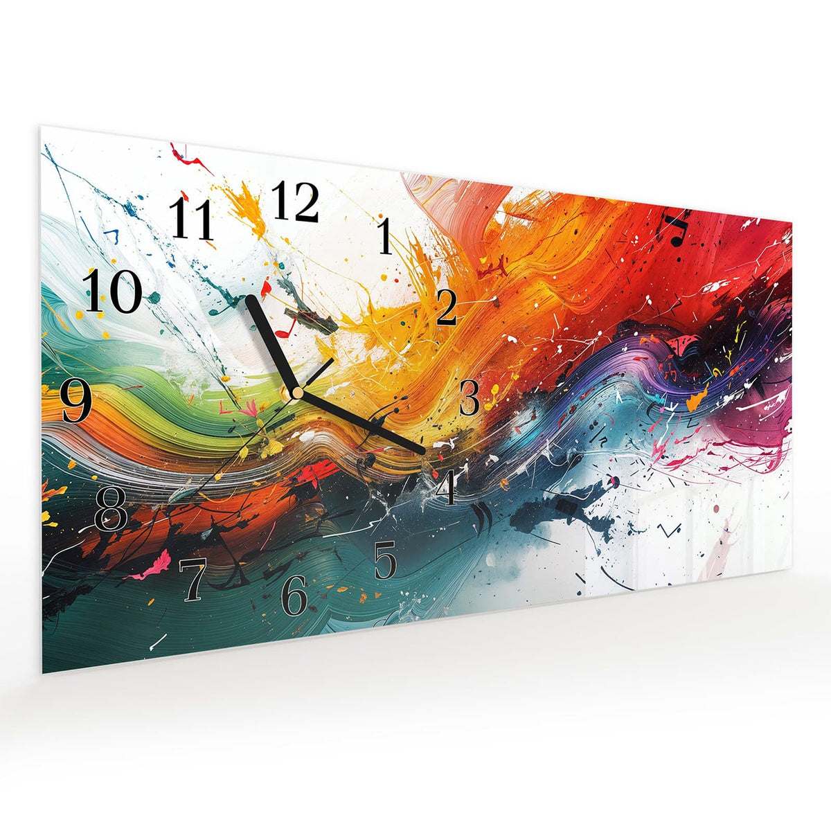 Vormontiert – mit Schwebeeffekt – Wanduhr Farbenexplosion aus Glas – Querformat 60 × 30 cm