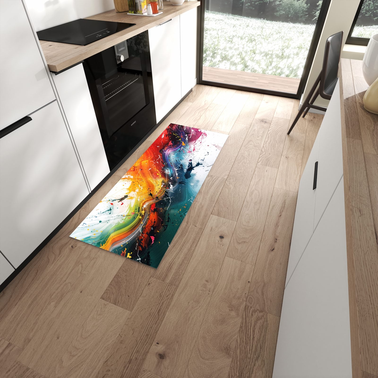 Bodenschonender Küchenläufer mit Motiv Farbenexplosion in moderner Küche #grösse_60 x 150 cm