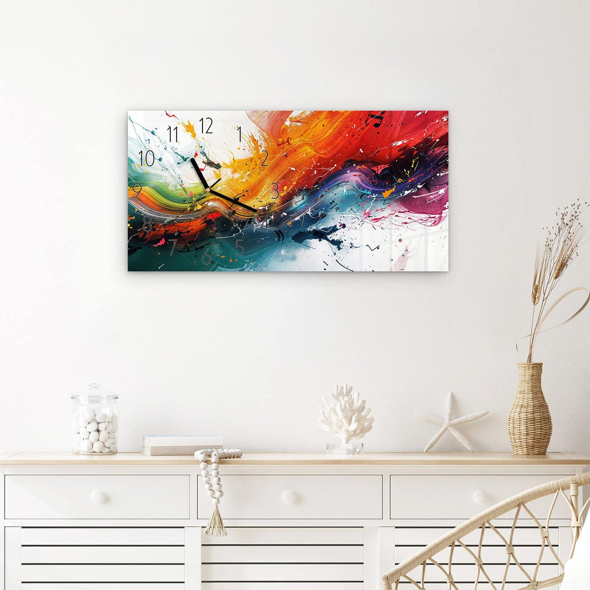 Wanduhr Farbenexplosion aus Glas – Querformat 60 × 30 cm – Wild spritzende Farben in Regenbogentönen
