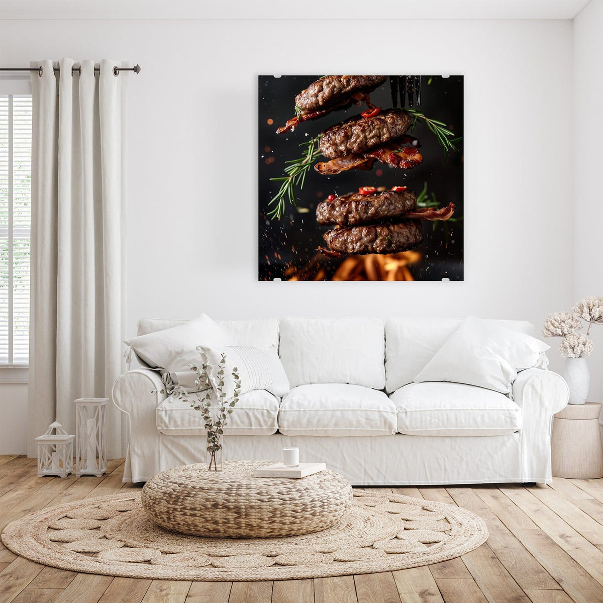 Glasbild Burger Patties an der Wand – Vier schwebende Fleisch-Patties mit Speckstreifen, Rosmarin und Chili vor schwarzem Grund