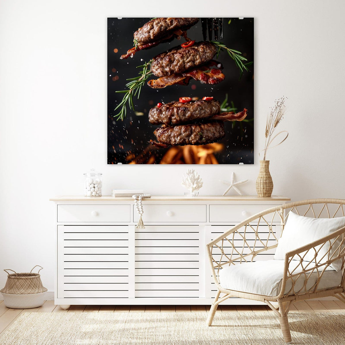Echtglas, 4 mm – kein Acryl, keine Folie – Wandbild - Burger Patties - Quadratisch