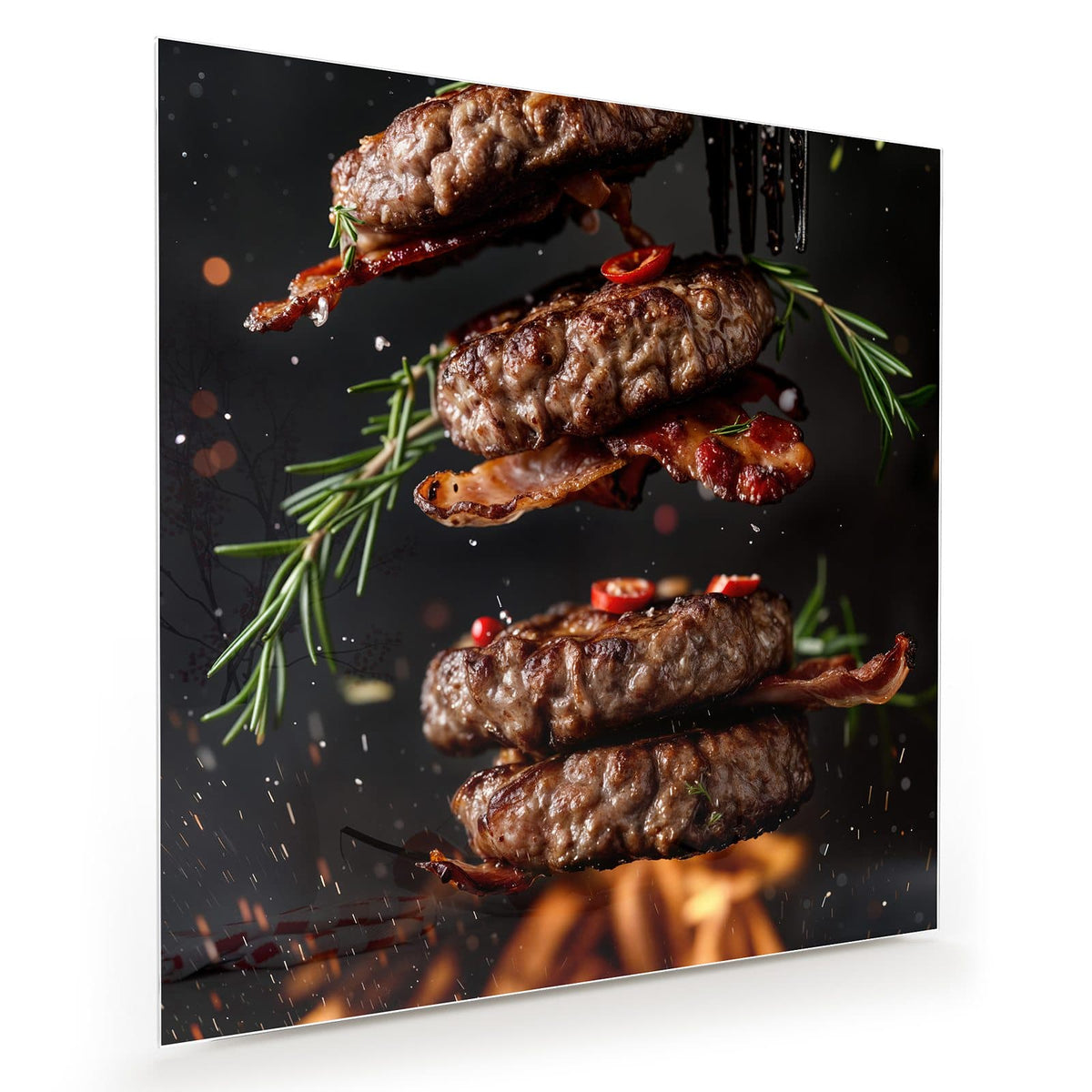 Vier schwebende Fleisch-Patties mit Speckstreifen, Rosmarin und Chili vor schwarzem Grund