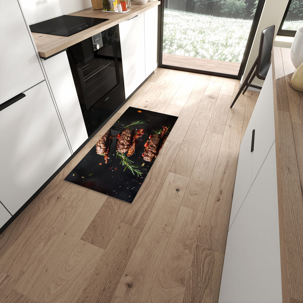 Geruchsneutraler rutschfester Küchenteppich mit Motiv Burger mit Bacon in moderner Küche #grösse_60 x 120 cm