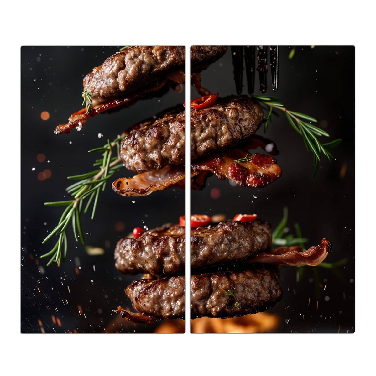 Vier schwebende Fleisch-Patties mit Speckstreifen, Rosmarin und Chili vor schwarzem Grund