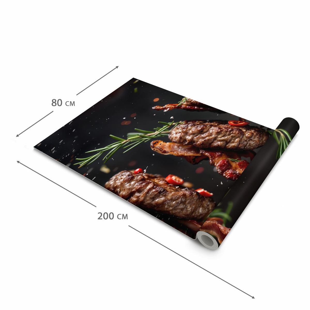 Fleckenresistenter großer Küchenteppich mit Motiv Burger mit Bacon in der Größe 60x240 cm