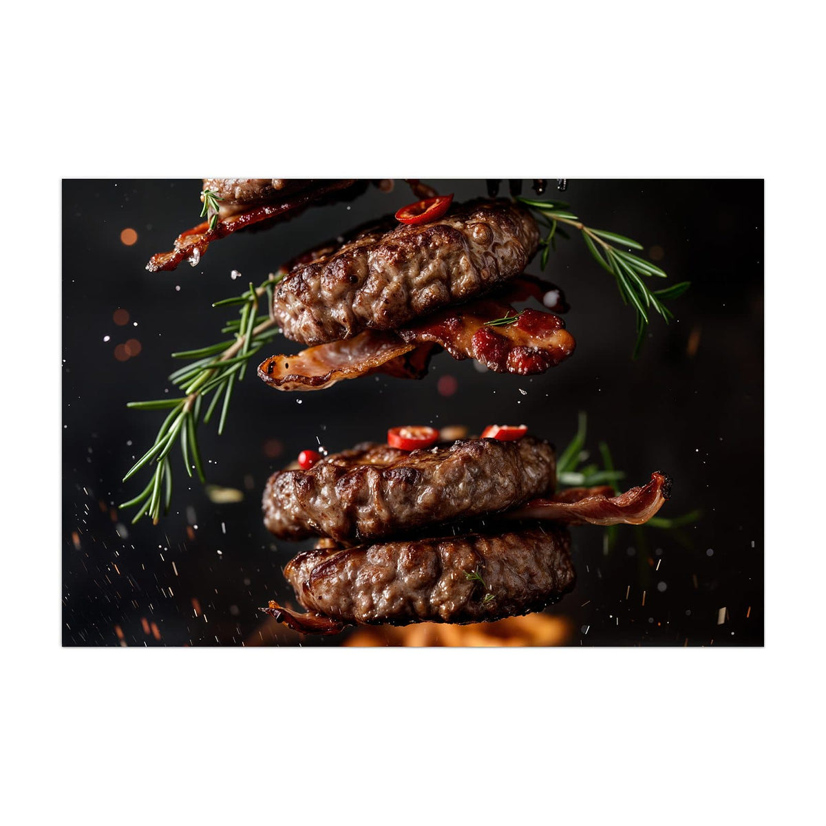 Küchenrückwand aus Glas Burger Patties im Hochformat, Motiv bildfüllend von vorn