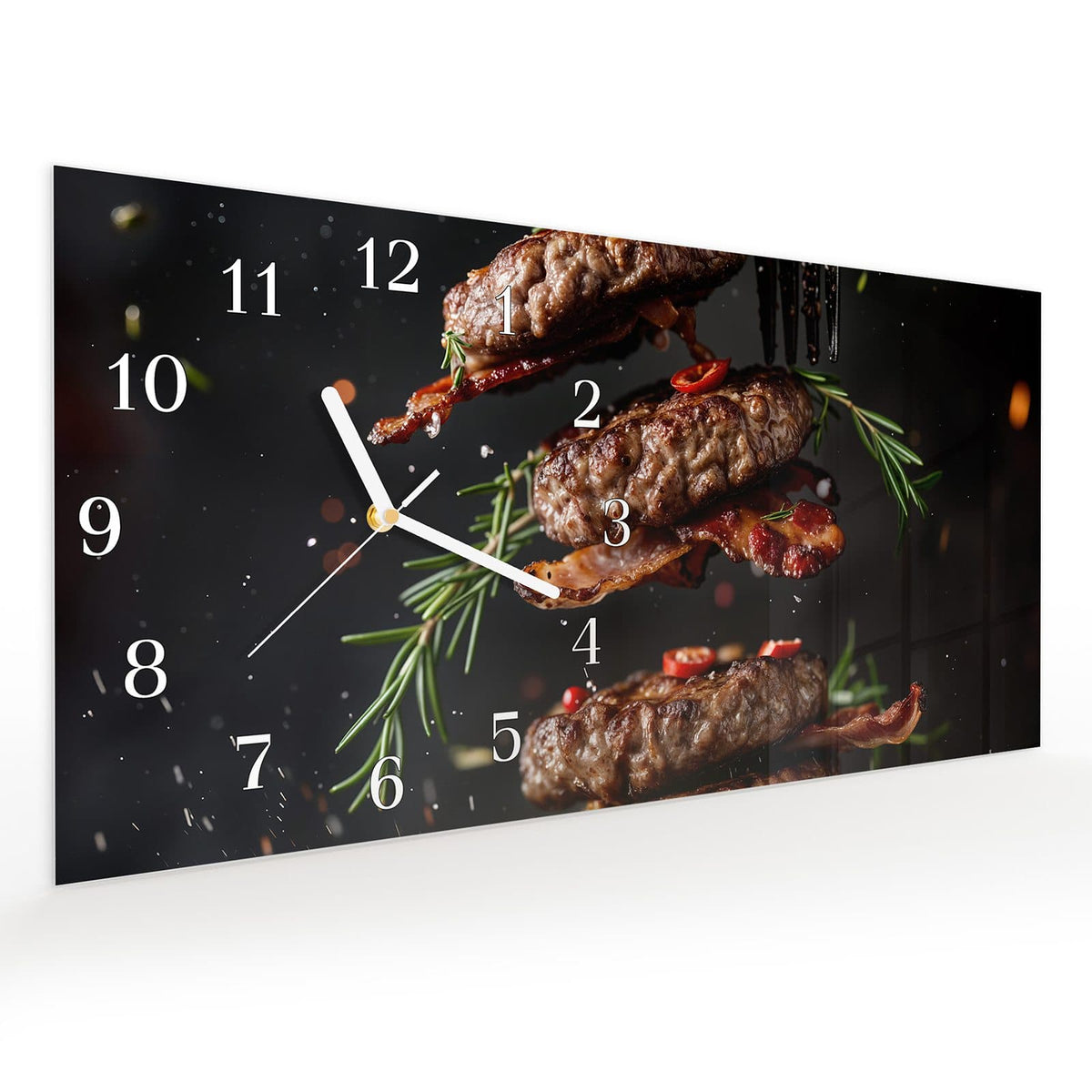 Vormontiert – mit Schwebeeffekt – Wanduhr Burger mit Bacon aus Glas – Querformat 60 × 30 cm
