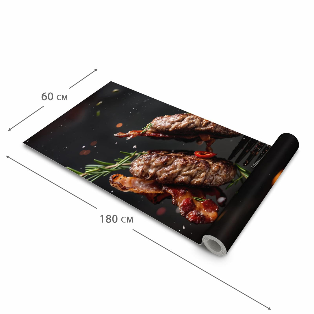 Geräuschdämpfender Küchenteppich mit Motiv Burger mit Bacon in der Größe 60x240 cm
