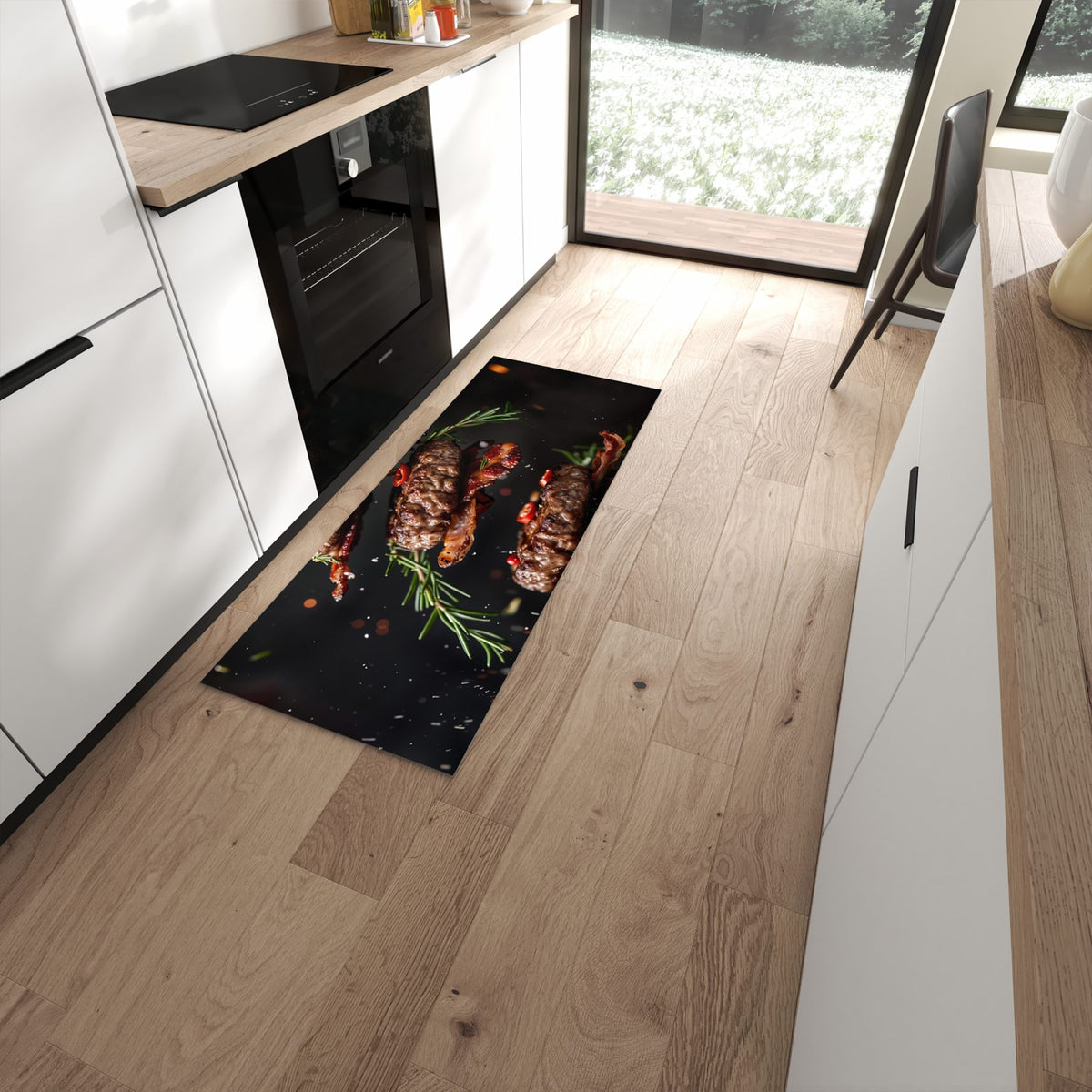 Langlebiger Bodenläufer mit Motiv Burger mit Bacon in moderner Küche #grösse_60 x 150 cm