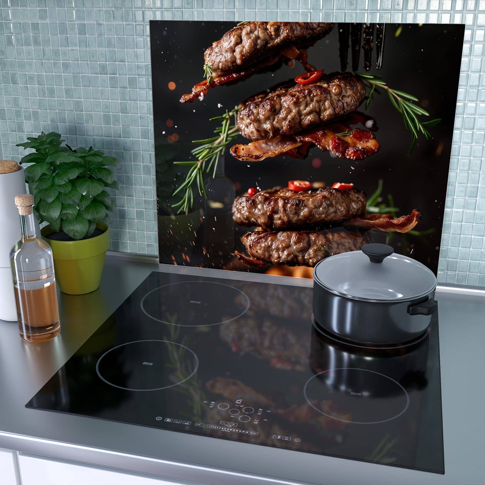 1-teilige Herdabdeckplatte Induktion mit Burger mit Bacon-Motiv als Spritzschutz hinter dem Kochfeld