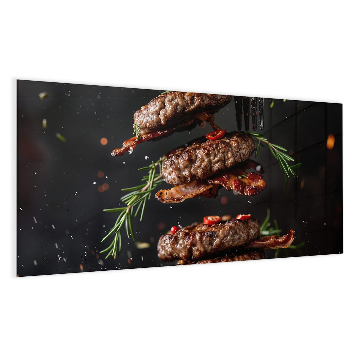 Vier schwebende Fleisch-Patties mit Speckstreifen, Rosmarin und Chili vor schwarzem Grund