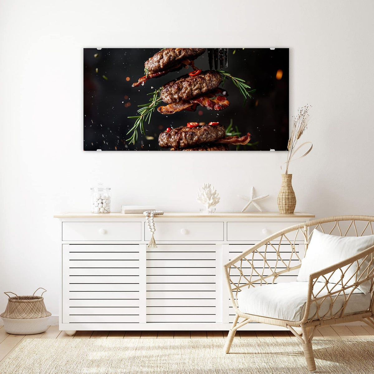 Echtglas, 4 mm – kein Acryl, keine Folie – Wandbild - Burger Patties - Querformat