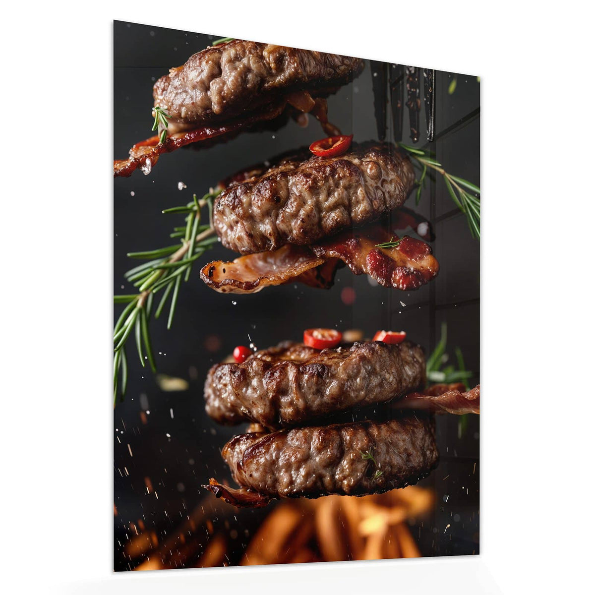 Echtglas, 4 mm – kein Acryl, keine Folie – Wandbild - Burger Patties - Hochformat