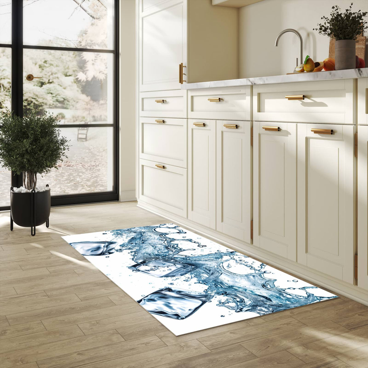 Waschbarer Küchenteppich mit Motiv Wasserspritzer in heller Küche