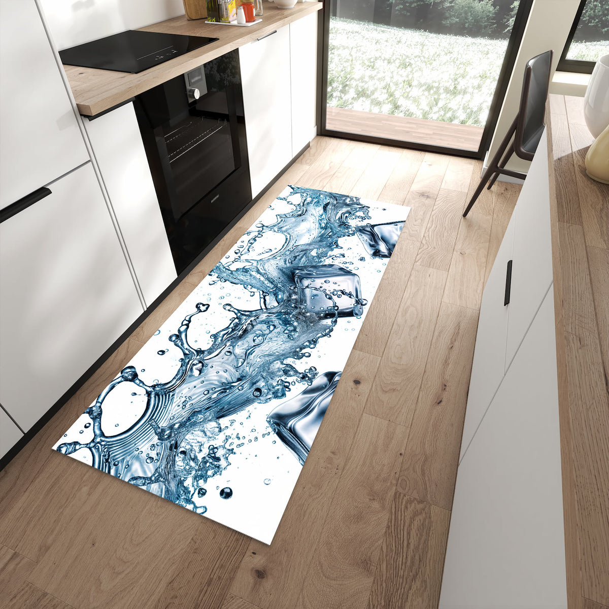 Abriebfester rutschfester Läufer mit Motiv Wasserspritzer in moderner Küche