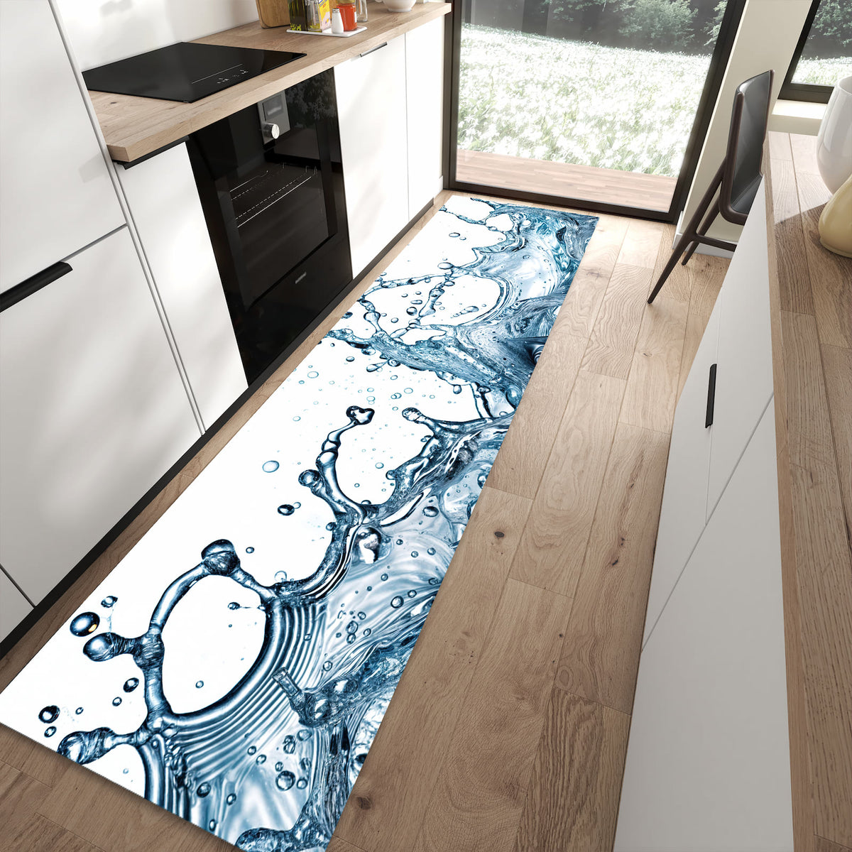 Waschbarer dünner Küchenteppich mit Motiv Wasserspritzer in moderner Küche