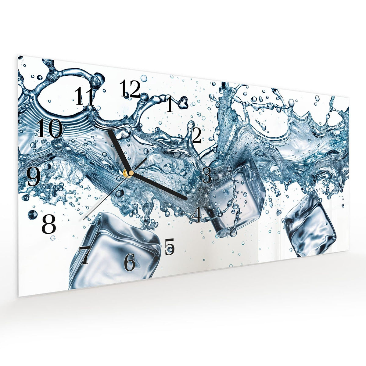 Vormontiert – mit Schwebeeffekt – Wanduhr Wasserspritzer aus Glas – Querformat 60 × 30 cm