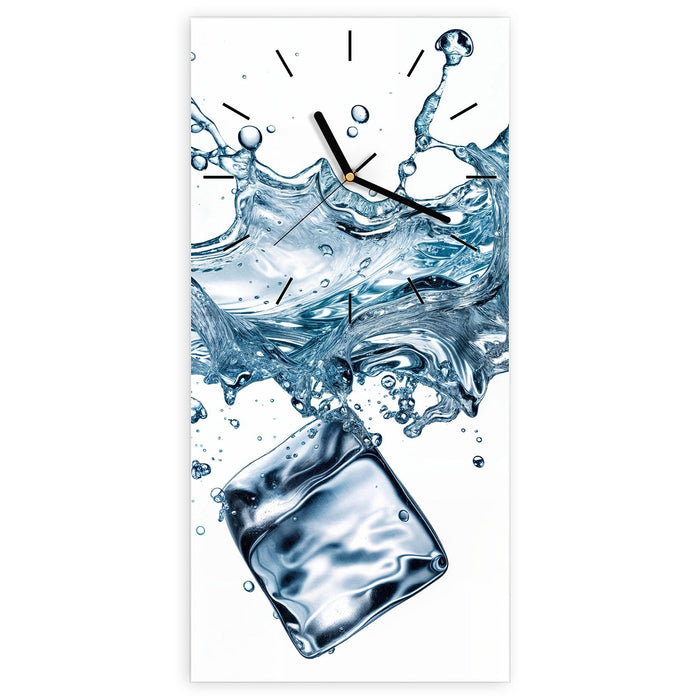 Wanduhr Wasserspritzer aus Glas – Hochformat 30 × 60 cm mit Ziffernblatt Linie