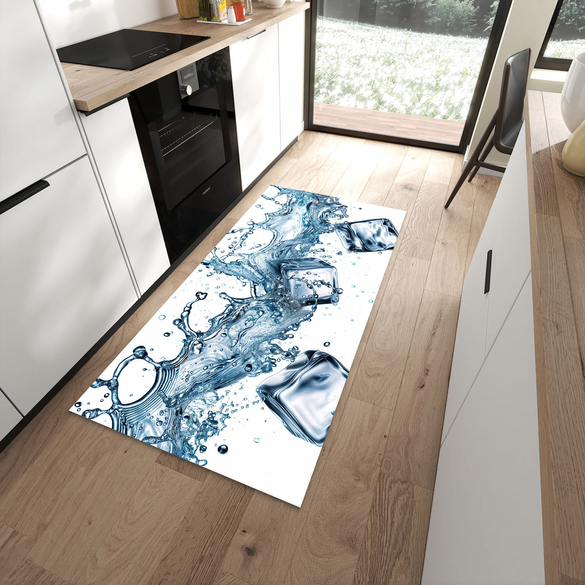 Fleckenresistenter waschbarer Teppich mit Motiv Wasserspritzer in moderner Küche